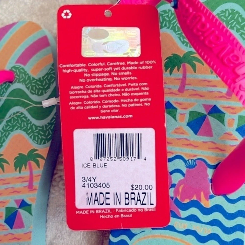 Brand New Havaianas Set of 2 Pairs Girls Flip Flops Mermaid Sea Glitter Cherries